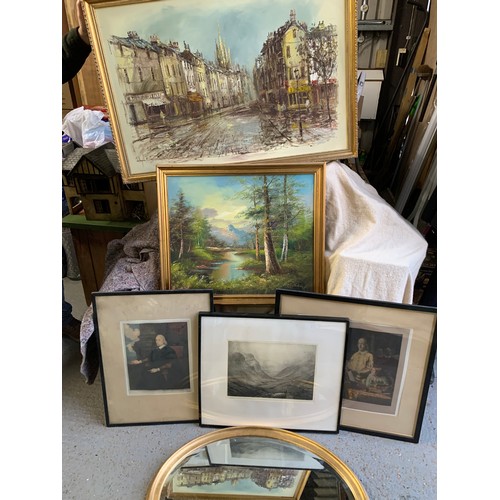 1004 - Large framed Oil and one other, 3 prints and gilt framed oval mirror