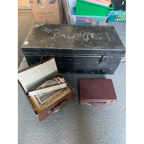 822 - Large Tin Trunk, vintage Radio and small leather case