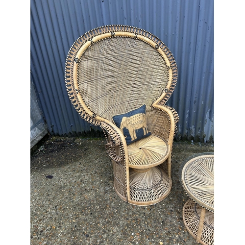 240 - A good quality retro wicker Peacock chair with double cane back and  matching glass top side table. ... 