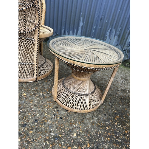 240 - A good quality retro wicker Peacock chair with double cane back and  matching glass top side table. ... 