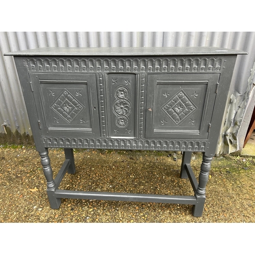 5 - A grey painted two door oak sideboard with key