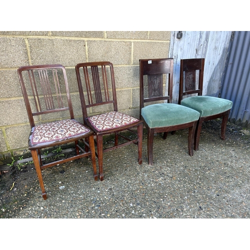 65 - A pair of edwardian chairs together with a pair of green upholstered chairs