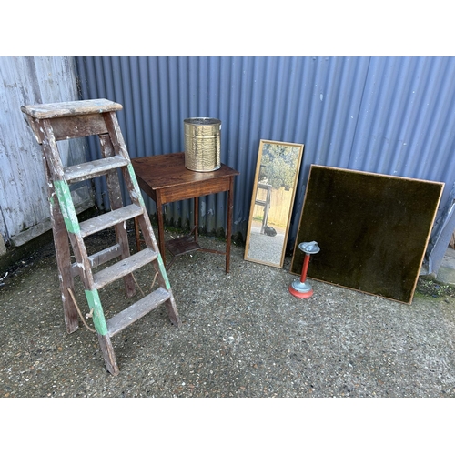 71 - Vintage steps, card table, oak table, mirror, bin and ashstand