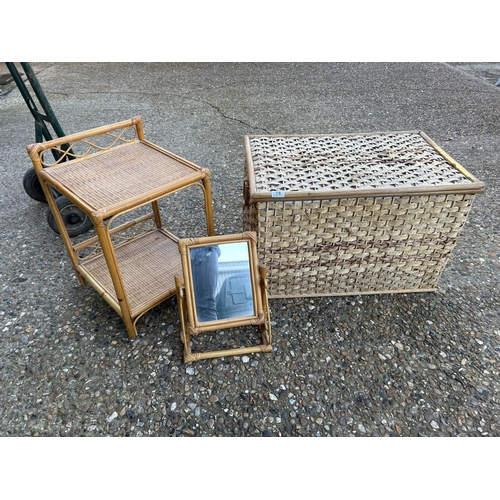 78 - A wicker basket, a linen box and a mirror
