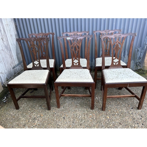 85 - A set of six antique mahogany dining chairs with beige upholstered drop in seats