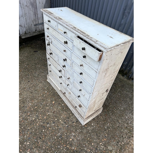 86 - An antique painted  pine chest of drawers with shelving top (base measures) 94x32x106
