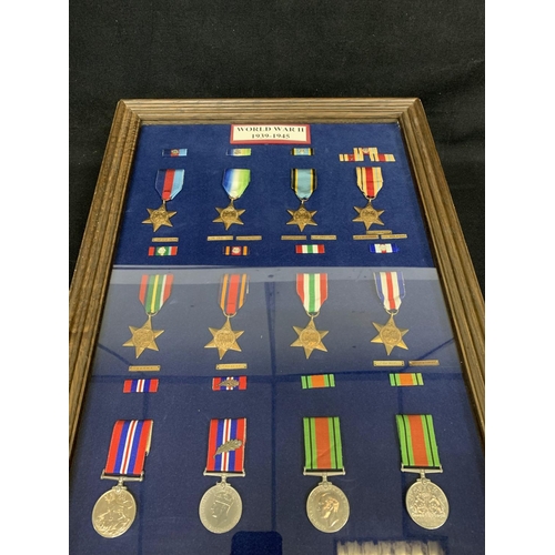 WW2 Campaign Stars, Medals and clasps 1939-45, frame 62 x 44cms