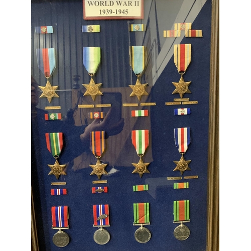 WW2 Campaign Stars, Medals and clasps 1939-45, frame 62 x 44cms