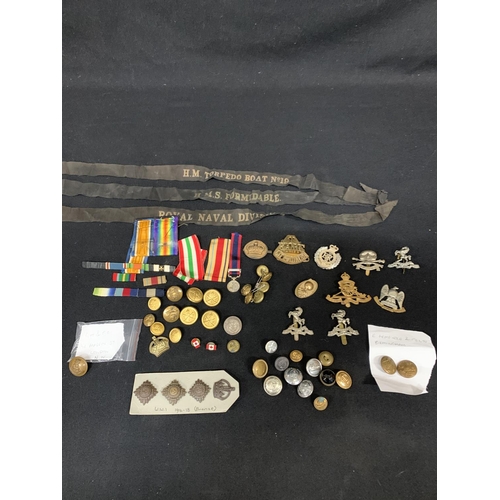 366 - Collection of military buttons, ribbons and cap badges and Navy Cap ribbons - WW1 and WW2