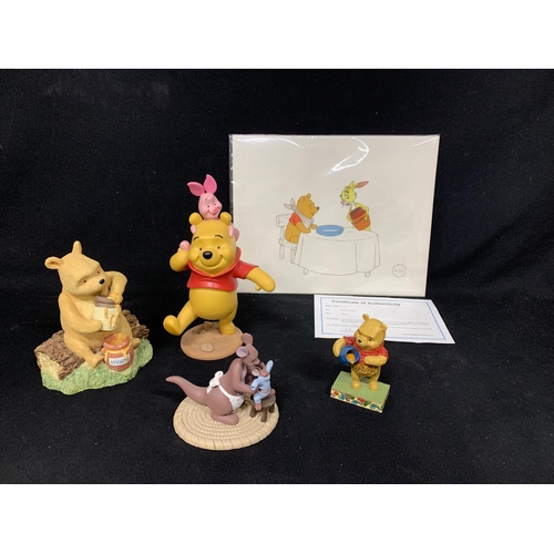 417 - Serigraph cell, Certified by Walt Disney with certificate and 4 Winnie the Pooh figuresincluding Bor... 