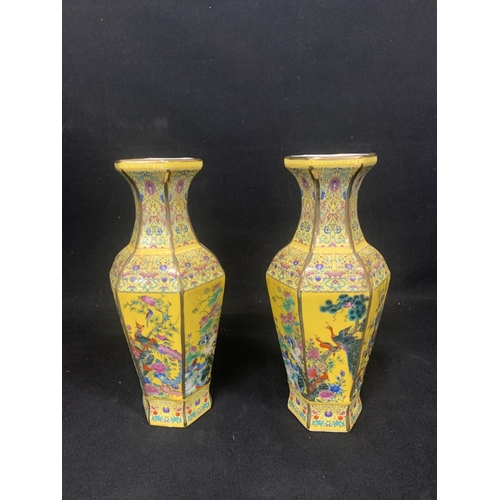 425 - Pair of oriental peacock pattern vases, height 30cms