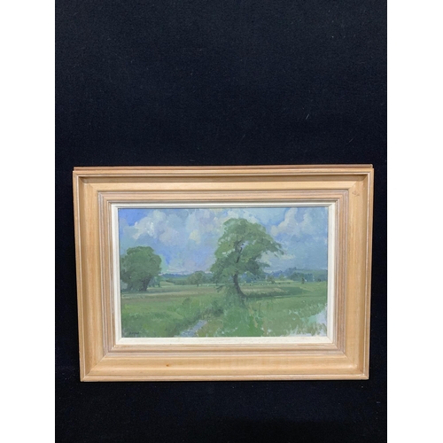 462 - Gilt framed oil on board, Across the fields, 7 3/4