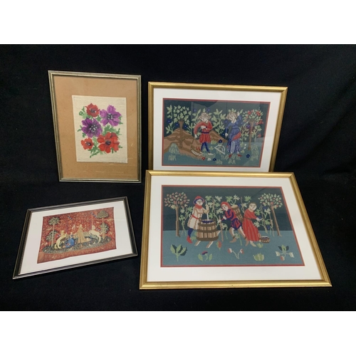 465 - 3 framed tapestries and print of French tapestry, largest 2 overall size - 51 x 38cms