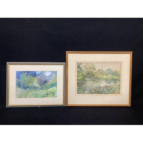 466 - Framed mixed medium- Summer Storm by Jan Godfrey 2000 and framed Watercolour of Lake at Hall Place L... 