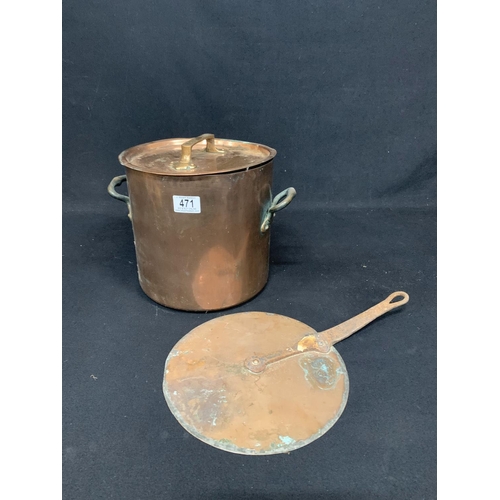 471 - Tall copper pan height 24cms and copper pan cover diameter 25.5cms