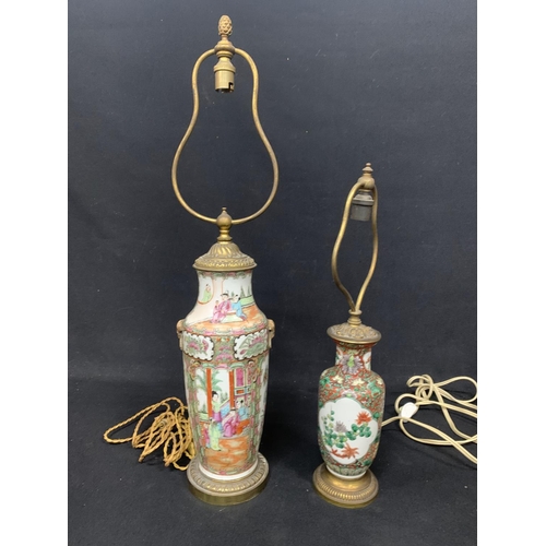 473 - Antique Canton Famille Rose vase lamp base, height of vase 30cms with gilt brass mounts and one othe... 