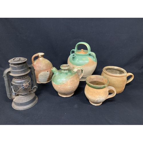 483 - 5 pottery jugs and mugs and a lantern