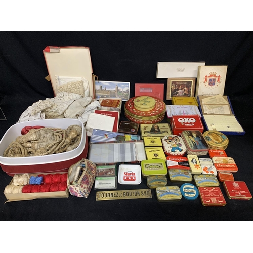 490 - Collection of old tins and boxes, lace table linen, curtain ties, hankies etc  (2)