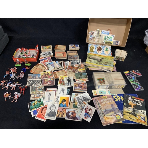 585 - Box of vintage cigarette, bubble gum and tea cards and albums and Britain's and other figures