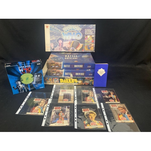 606 - Dr Who collectables: 4 boxed games, Golden Wonder Marvel comics, boxed Corgi Dr Who Set