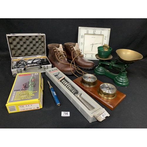 796 - Boxed Hair clippers, Cast Iron scales & weights, Tools, clocks and pair of Gents boots size 10