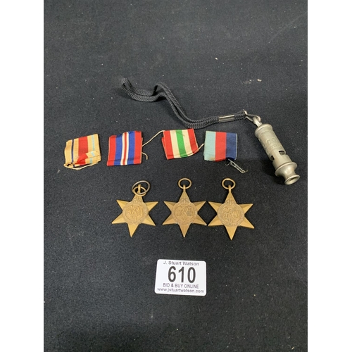 610 - 3 WW2 George V1 Star Medals and LCC Metropolitan Whistle