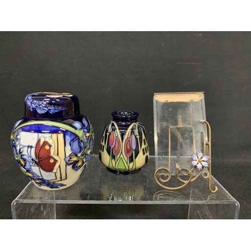 644 - Moorcroft jar & Lid height 10.5 cms and Moorcroft vase plus brass and enamel frame