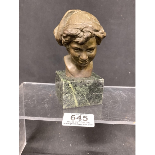 645 - Classical bronze bust on marble base height 13 cms