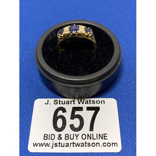 657 - 18ct Gold Sapphire and Diamond Half Hoop Ring, Size K 1/2, marked 18 ct, 3.4 gms