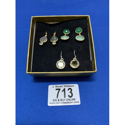 713 - 3 Pairs Silver stoned Earrings