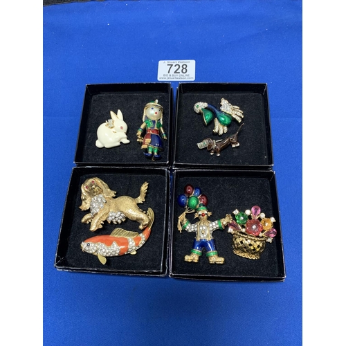 728 - Eight Vintage enamel and Jewelled Costume Brooches