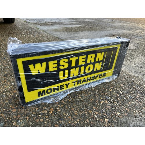 195 - A double sided illuminating WESTERN UNION money transfer sign 78x12x30