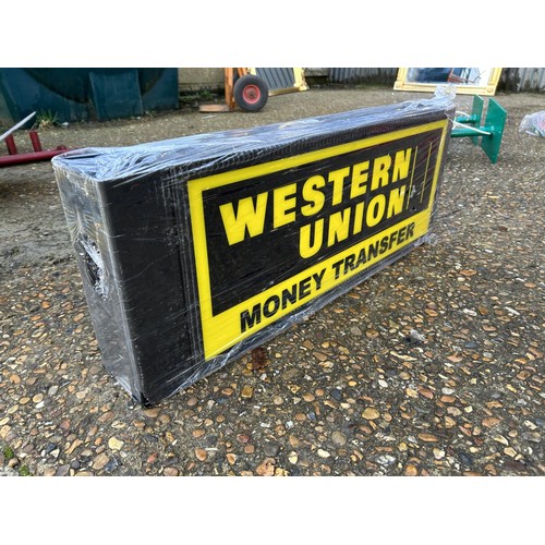 195 - A double sided illuminating WESTERN UNION money transfer sign 78x12x30