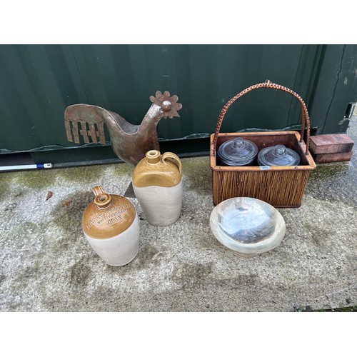 263 - A trug with 2 jars, 2 flagons, cockerel and plated bowl