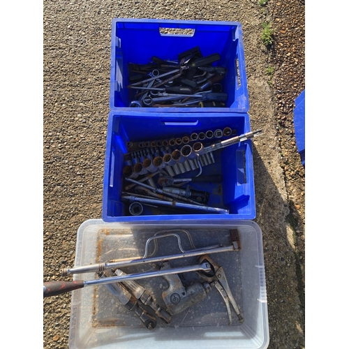 350C - Three trays of spanners, sockets, wrenches and air tools