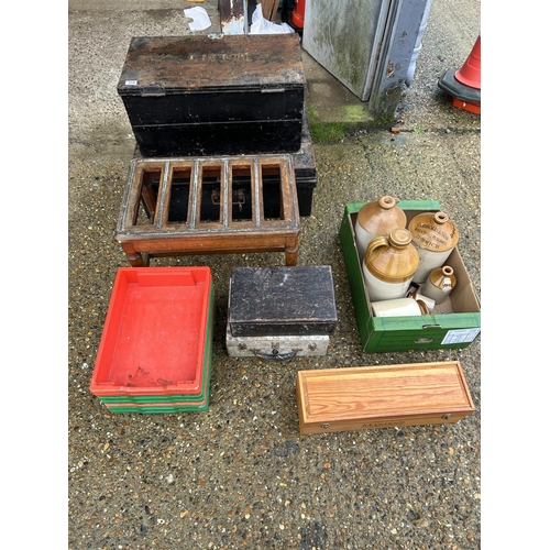 406 - Two vintage trunks, luggage stand, plastic trays, two wooden boxes and tray of stone flagons