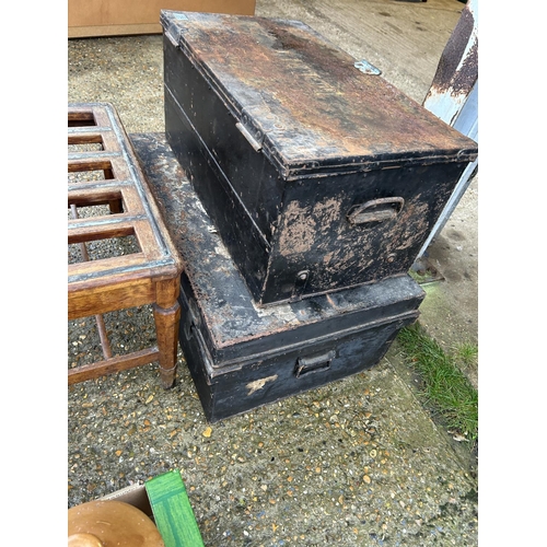 406 - Two vintage trunks, luggage stand, plastic trays, two wooden boxes and tray of stone flagons