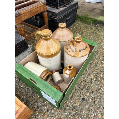 406 - Two vintage trunks, luggage stand, plastic trays, two wooden boxes and tray of stone flagons