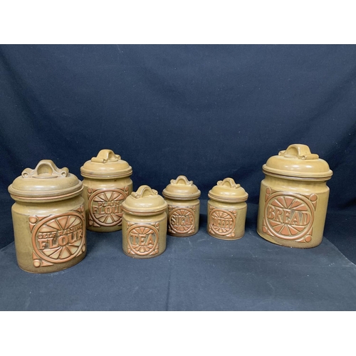 1009 - 1970's Kitchen Jars, Bread, Tea sugar etc, 6 items, tallest 30cms, (1 chip to rim of tea jar)