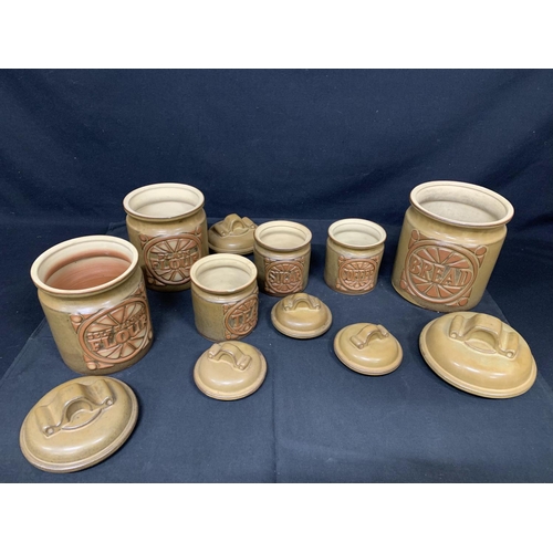 1009 - 1970's Kitchen Jars, Bread, Tea sugar etc, 6 items, tallest 30cms, (1 chip to rim of tea jar)