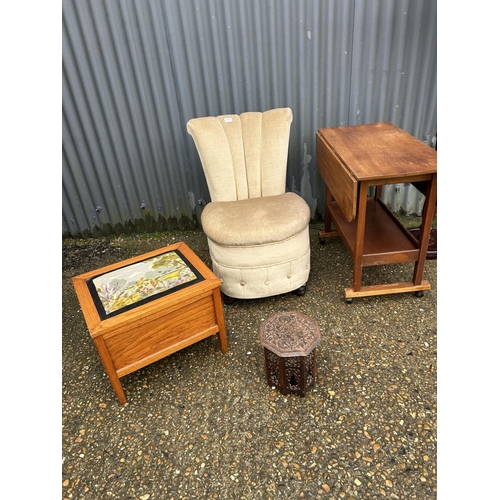 213 - A bedroom chair, a trolley, standard lamp, carved table and sewing box