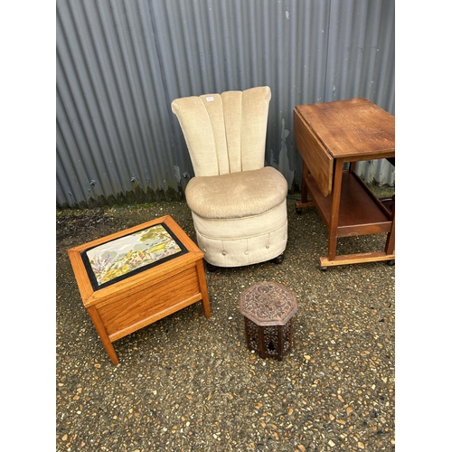 213 - A bedroom chair, a trolley, standard lamp, carved table and sewing box