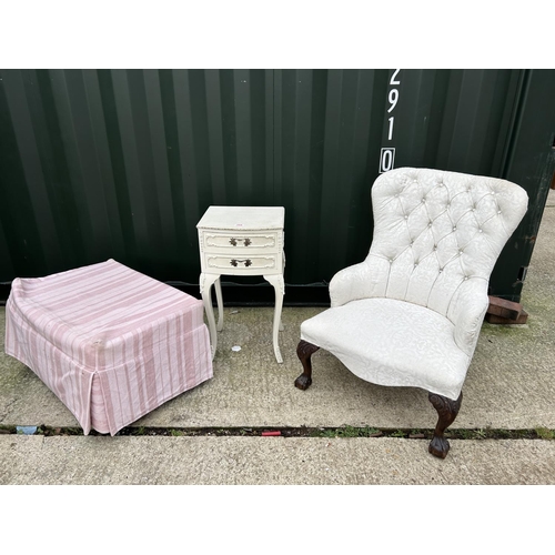 268 - White button  back bedroom chair, french bedside and a footstool