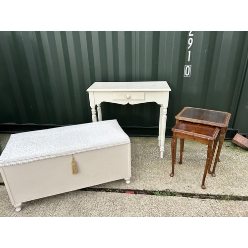 272 - A painted single drawer side table, nest of two and a painted ottoman