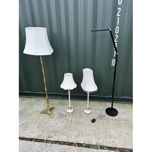 277 - A brass floor standing lamp, pair of table lamps and a modern LED reading light