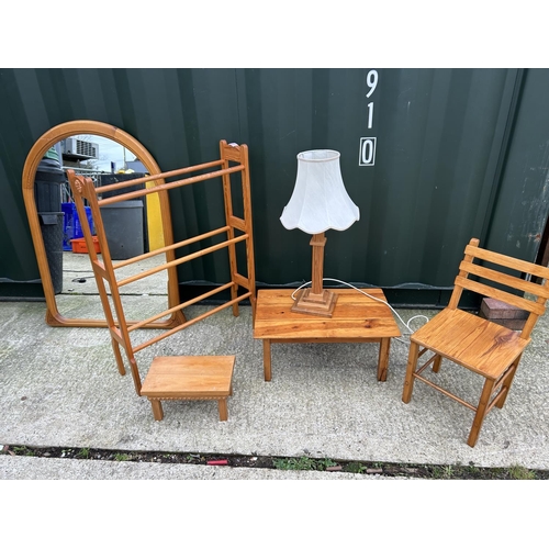 293 - Pine mirror, pine airer, two small tables, childs chair and lamp