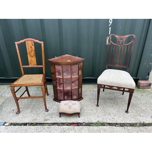 294 - Mahogany corner cabinet, two Edwardian chairs and a small upholstered stool