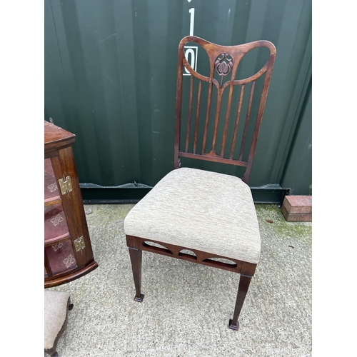 294 - Mahogany corner cabinet, two Edwardian chairs and a small upholstered stool