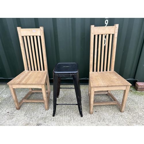 298 - Two pine chairs and a vintage stool