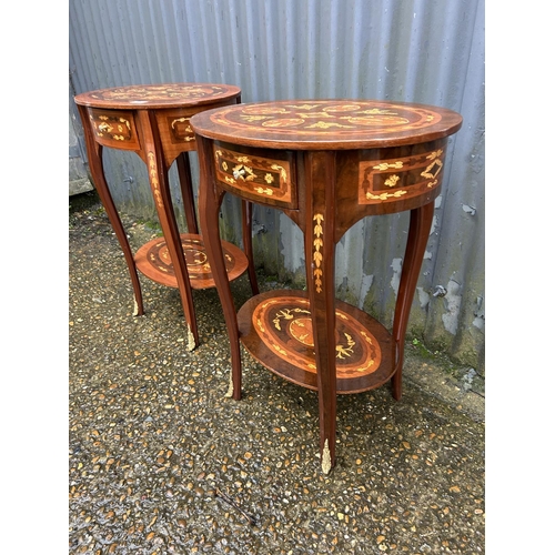 317 - A near pair of Italian style inlaid single drawer oval bedsides with gold gilt mounts